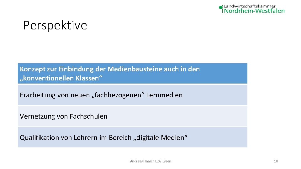 Perspektive Konzept zur Einbindung der Medienbausteine auch in den „konventionellen Klassen“ Erarbeitung von neuen