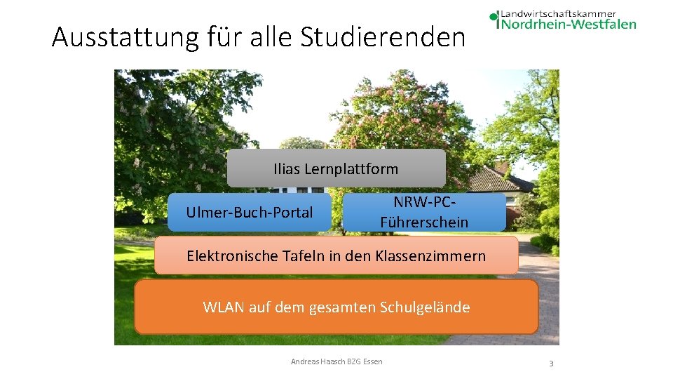 Ausstattung für alle Studierenden Ilias Lernplattform Ulmer-Buch-Portal NRW-PCFührerschein Elektronische Tafeln in den Klassenzimmern WLAN