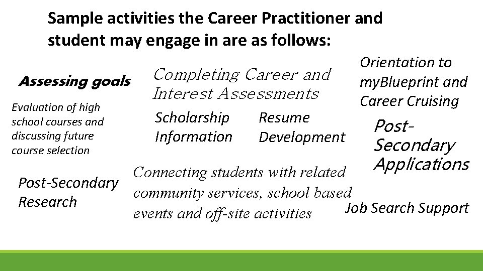 Sample activities the Career Practitioner and student may engage in are as follows: Assessing