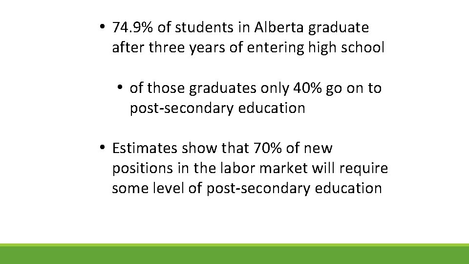  • 74. 9% of students in Alberta graduate after three years of entering