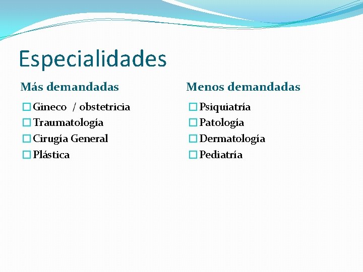 Especialidades Más demandadas Menos demandadas �Gineco / obstetricia �Traumatología �Cirugía General �Plástica �Psiquiatría �Patología