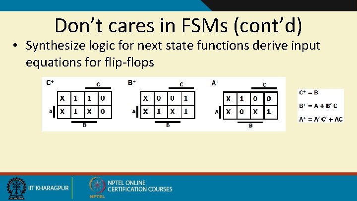 Don’t cares in FSMs (cont’d) • Synthesize logic for next state functions derive input