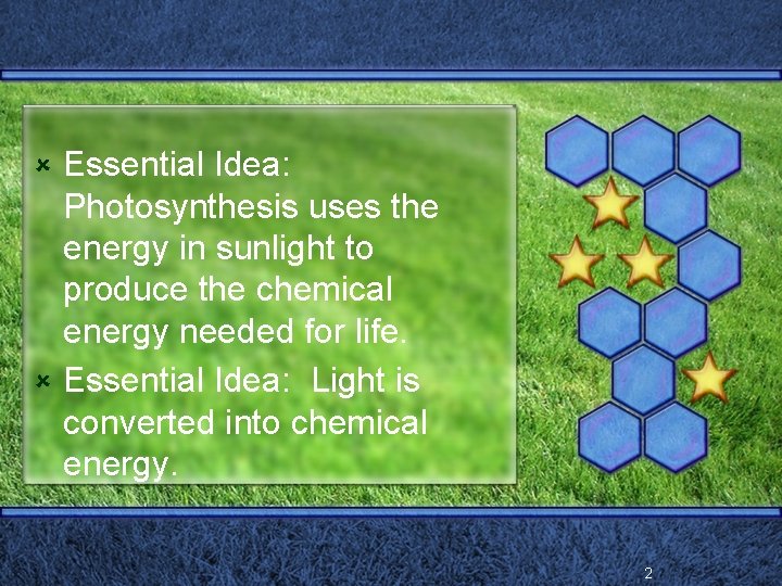 Essential Idea: Photosynthesis uses the energy in sunlight to produce the chemical energy needed