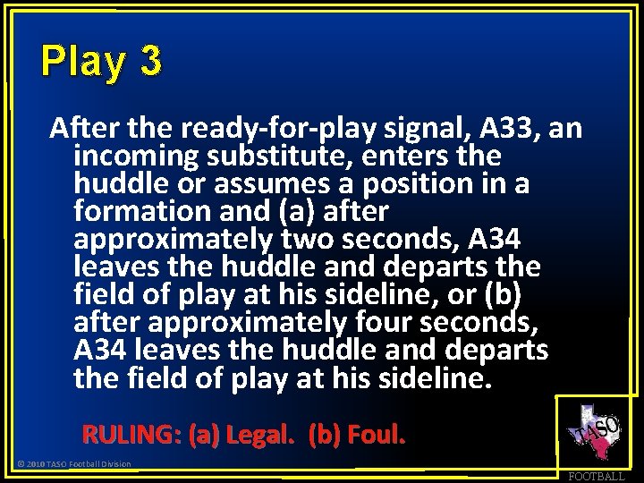 Play 3 After the ready-for-play signal, A 33, an incoming substitute, enters the huddle