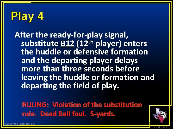 Play 4 After the ready-for-play signal, substitute B 12 (12 th player) enters the