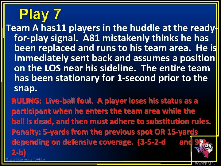 Play 7 Team A has 11 players in the huddle at the readyfor-play signal.