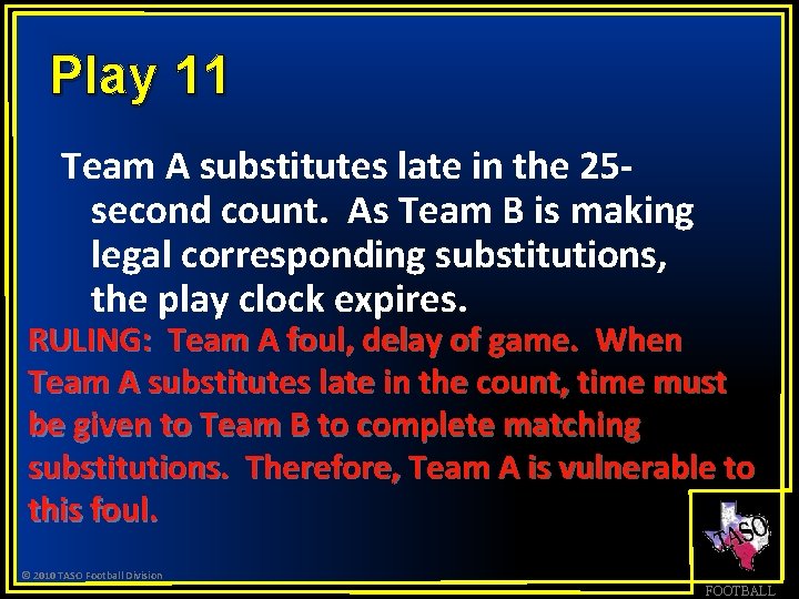 Play 11 Team A substitutes late in the 25 second count. As Team B