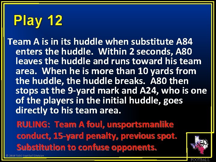 Play 12 Team A is in its huddle when substitute A 84 enters the