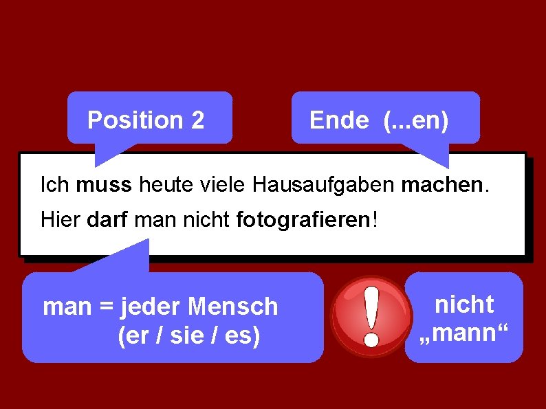 Position 2 Ende (. . . en) Ich muss heute viele Hausaufgaben machen. Hier