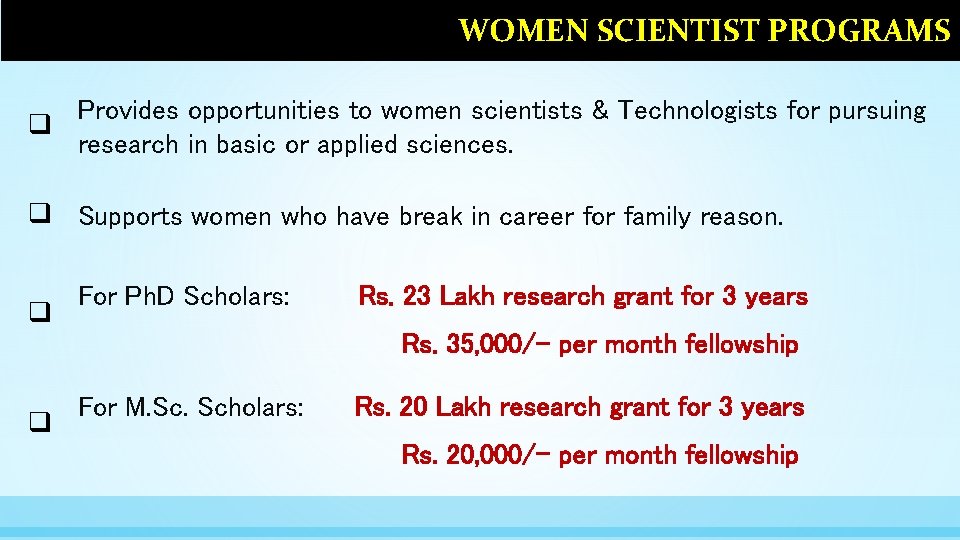 WOMEN SCIENTIST PROGRAMS Provides opportunities to women scientists & Technologists for pursuing q research