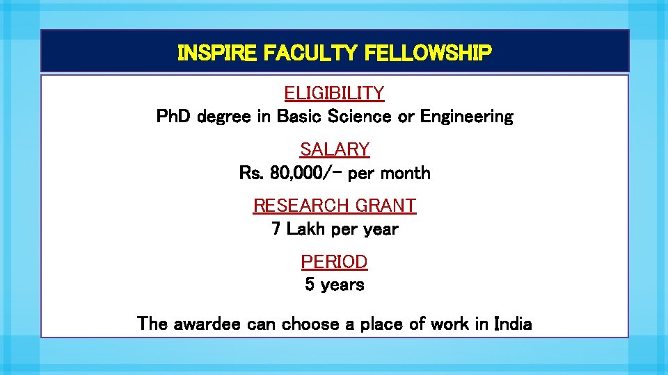 INSPIRE FACULTY FELLOWSHIP ELIGIBILITY Ph. D degree in Basic Science or Engineering SALARY Rs.