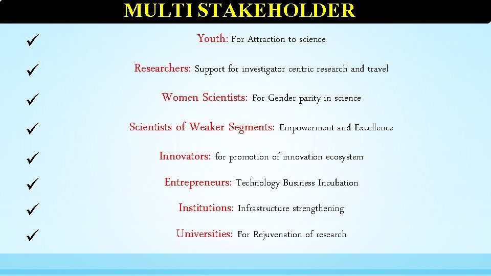 MULTI STAKEHOLDER ü Youth: For Attraction to science ü Researchers: Support for investigator centric