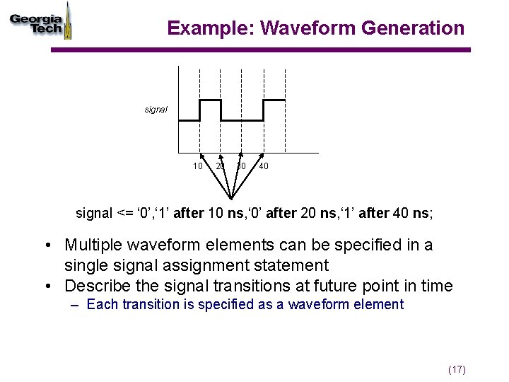 Example: Waveform Generation signal 10 20 30 40 signal <= ‘ 0’, ‘ 1’