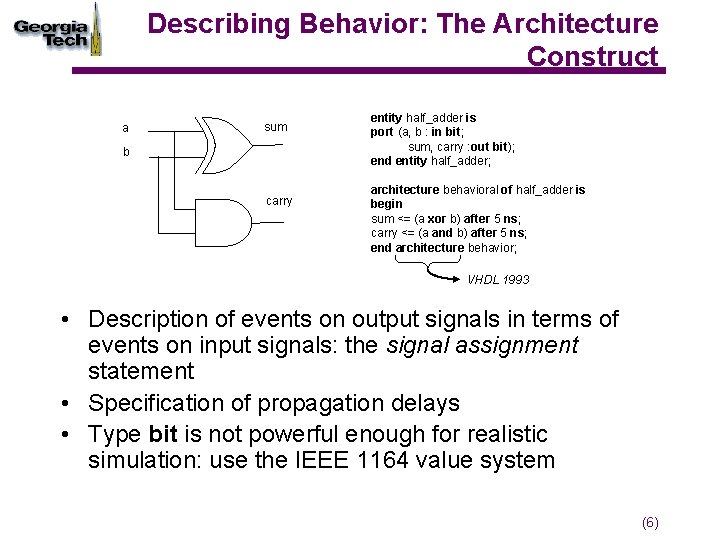 Describing Behavior: The Architecture Construct a sum b carry entity half_adder is port (a,