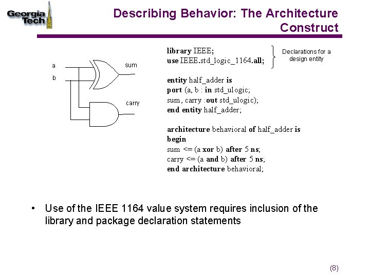 Describing Behavior: The Architecture Construct a sum b carry library IEEE; use IEEE. std_logic_1164.