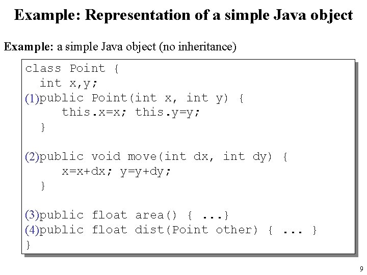 Example: Representation of a simple Java object Example: a simple Java object (no inheritance)