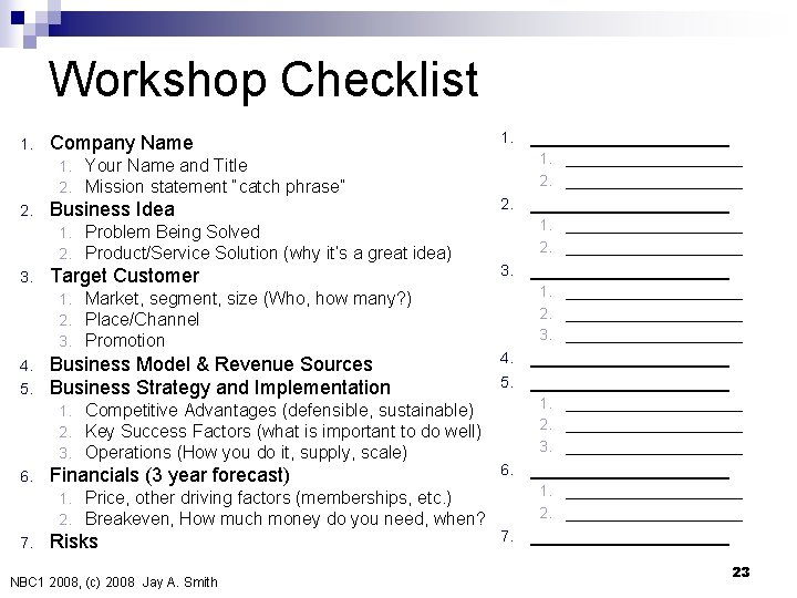 Workshop Checklist 1. Company Name 1. 2. Business Idea 1. 2. 3. 5. Competitive