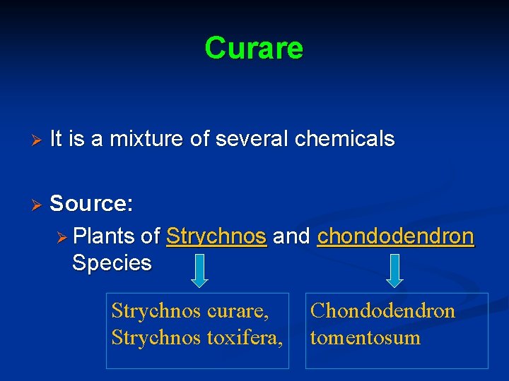 Curare Ø It is a mixture of several chemicals Ø Source: Ø Plants of