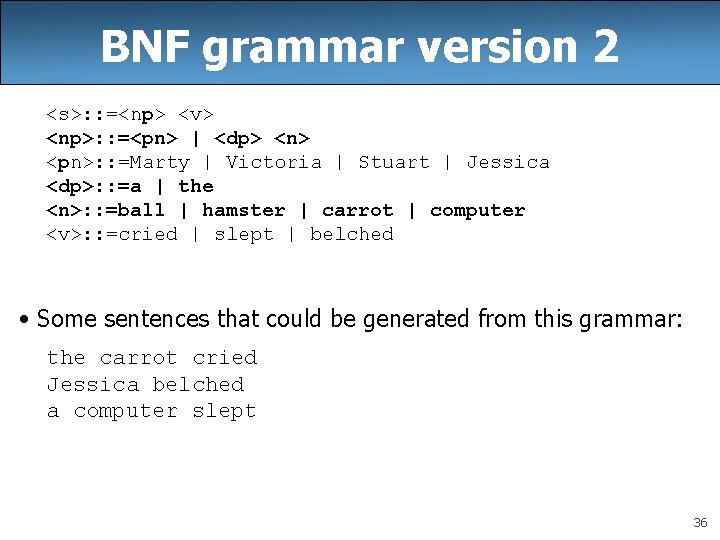 BNF grammar version 2 <s>: : =<np> <v> <np>: : =<pn> | <dp> <n> BNF grammar version 2 <s>: : =<np> <v> <np>: : =<pn> | <dp> <n>
