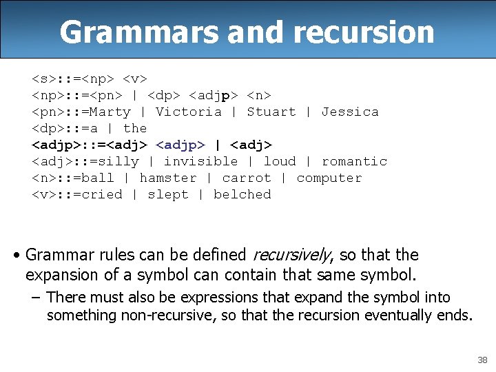 Grammars and recursion <s>: : =<np> <v> <np>: : =<pn> | <dp> <adjp> <n> Grammars and recursion <s>: : =<np> <v> <np>: : =<pn> | <dp> <adjp> <n>