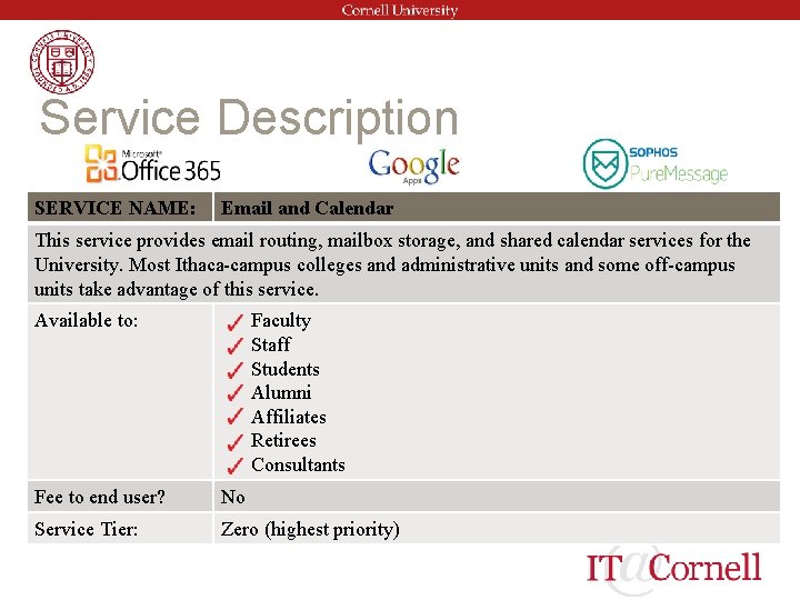 Service Description SERVICE NAME: Email and Calendar This service provides email routing, mailbox storage,