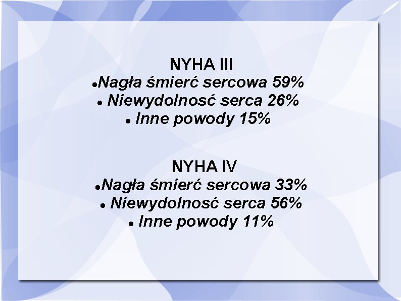 NYHA III Nagła śmierć sercowa 59% Niewydolnosć serca 26% Inne powody 15% NYHA IV