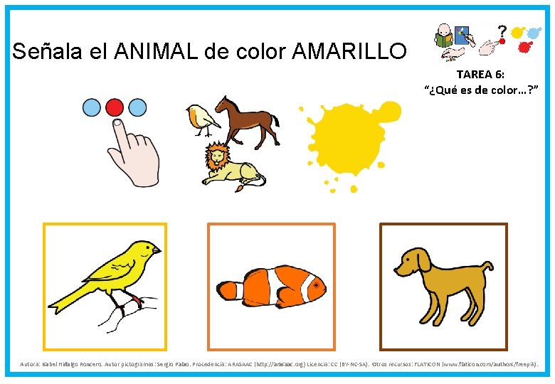 Señala el ANIMAL de color AMARILLO TAREA 6: “¿Qué es de color…? ” Autora: