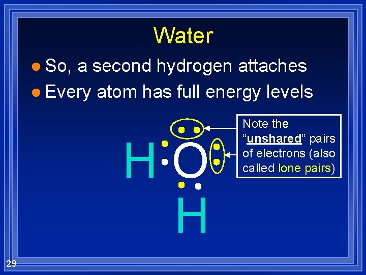 Water l So, a second hydrogen attaches l Every atom has full energy levels