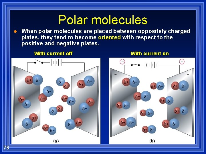 Polar molecules l When polar molecules are placed between oppositely charged plates, they tend