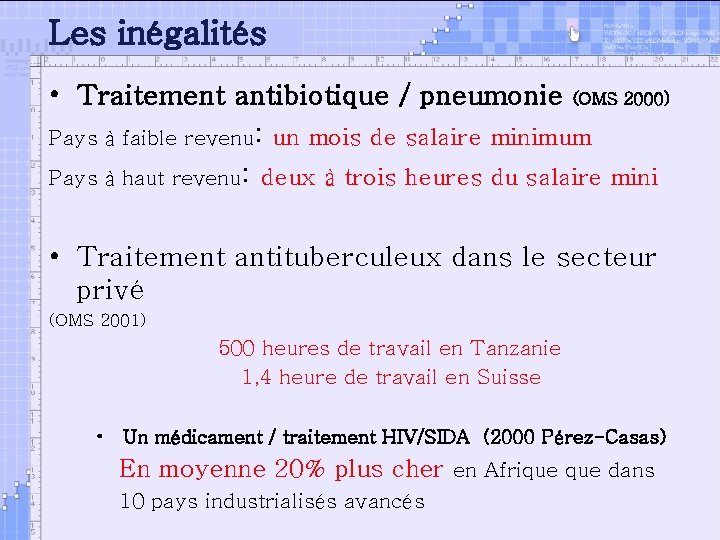Les inégalités • Traitement antibiotique / pneumonie (OMS 2000) Pays à faible revenu: un