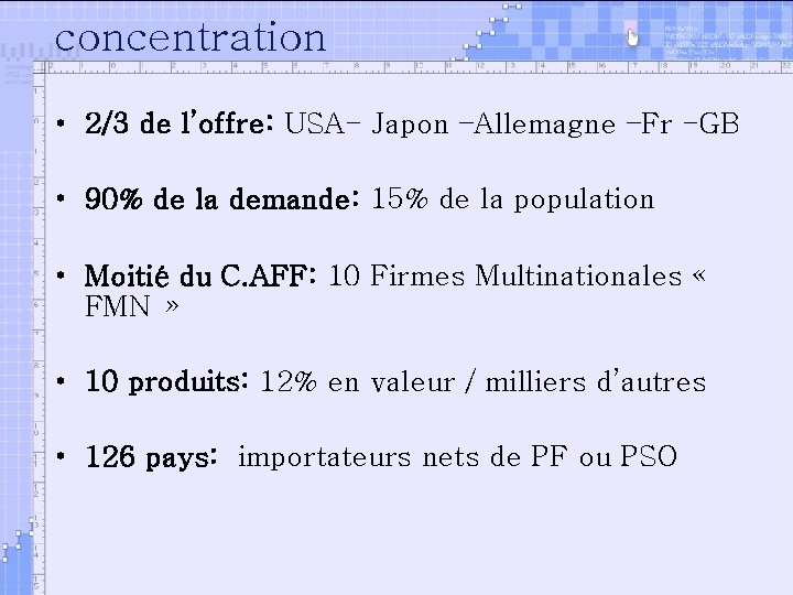 concentration • 2/3 de l’offre: USA- Japon –Allemagne –Fr -GB • 90% de la