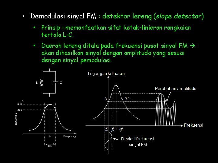 • Demodulasi sinyal FM : detektor lereng (slope detector) • Prinsip : memanfaatkan • Demodulasi sinyal FM : detektor lereng (slope detector) • Prinsip : memanfaatkan