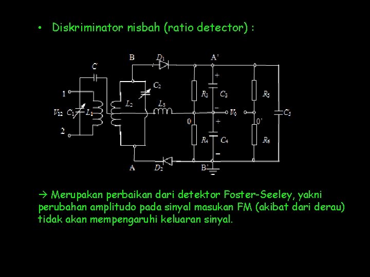 • Diskriminator nisbah (ratio detector) : Merupakan perbaikan dari detektor Foster-Seeley, yakni perubahan • Diskriminator nisbah (ratio detector) : Merupakan perbaikan dari detektor Foster-Seeley, yakni perubahan