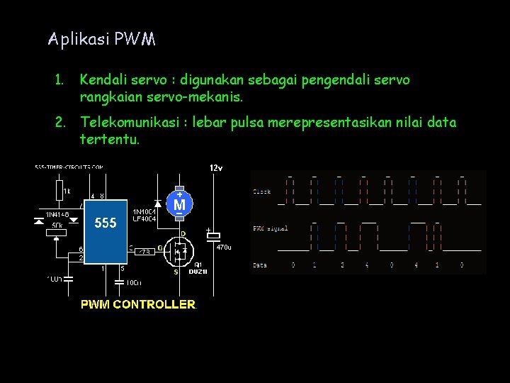 Aplikasi PWM 1. Kendali servo : digunakan sebagai pengendali servo rangkaian servo-mekanis. 2. Telekomunikasi Aplikasi PWM 1. Kendali servo : digunakan sebagai pengendali servo rangkaian servo-mekanis. 2. Telekomunikasi