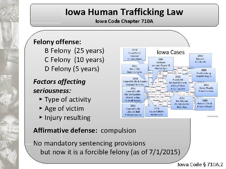 Iowa Human Trafficking Law Iowa Code Chapter 710 A Felony offense: B Felony (25