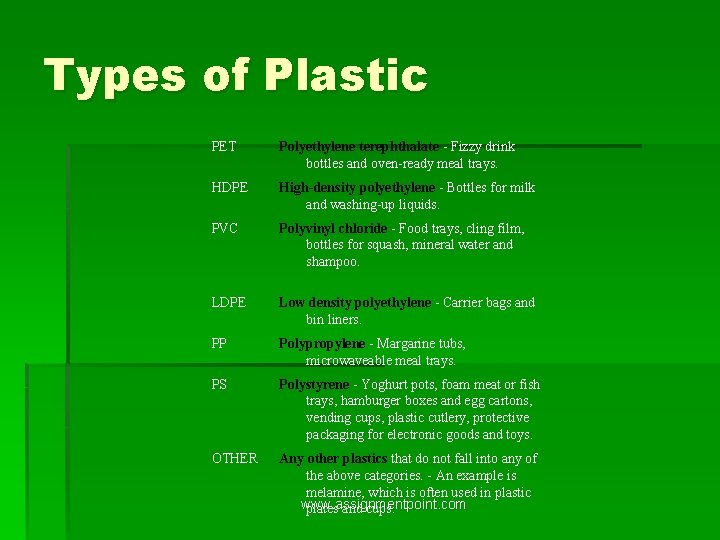 Types of Plastic PET Polyethylene terephthalate - Fizzy drink bottles and oven-ready meal trays.