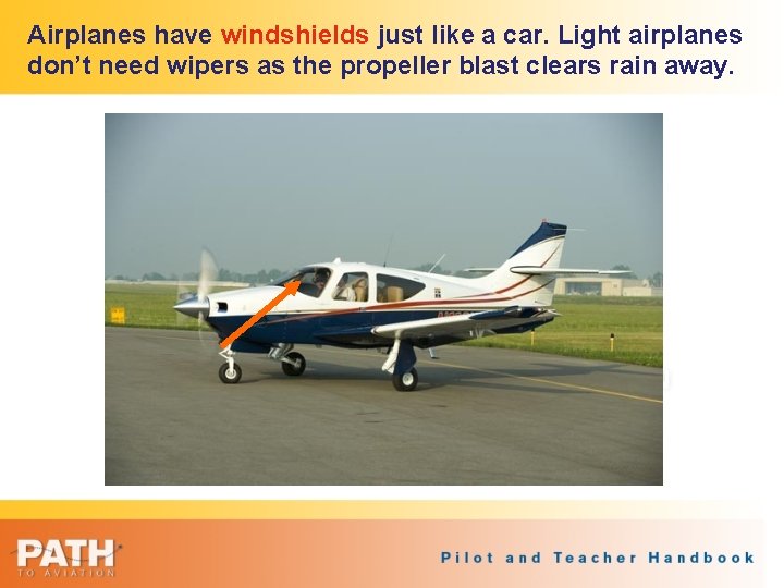 Airplanes have windshields just like a car. Light airplanes don’t need wipers as the