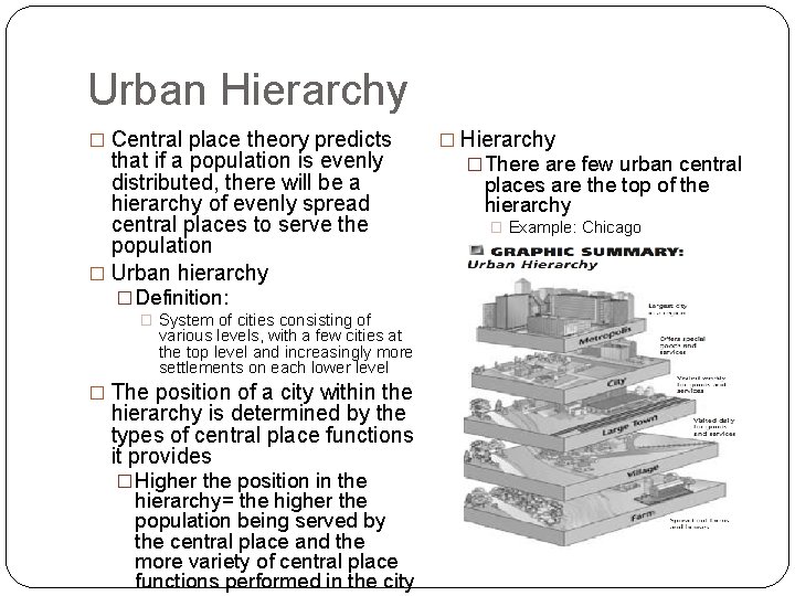 Urban Hierarchy � Central place theory predicts that if a population is evenly distributed,