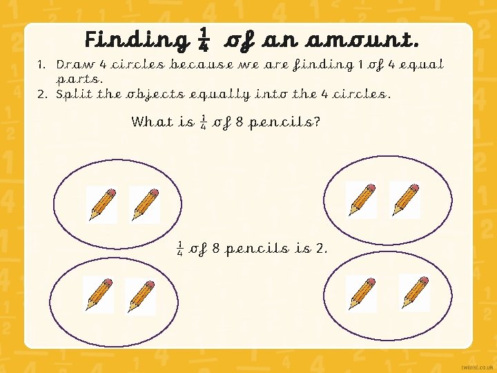 Finding ¼ of an amount. 1. Draw 4 circles because we are finding 1