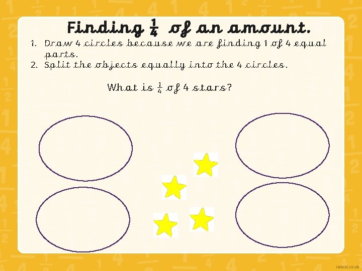 Finding ¼ of an amount. 1. Draw 4 circles because we are finding 1