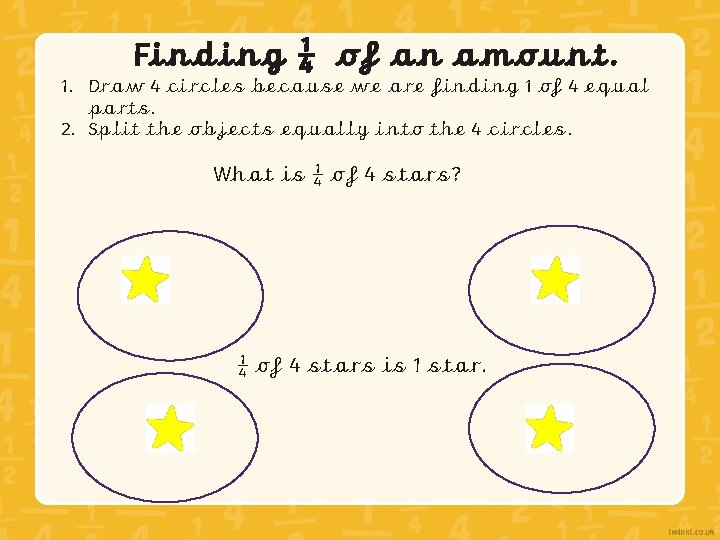 Finding ¼ of an amount. 1. Draw 4 circles because we are finding 1
