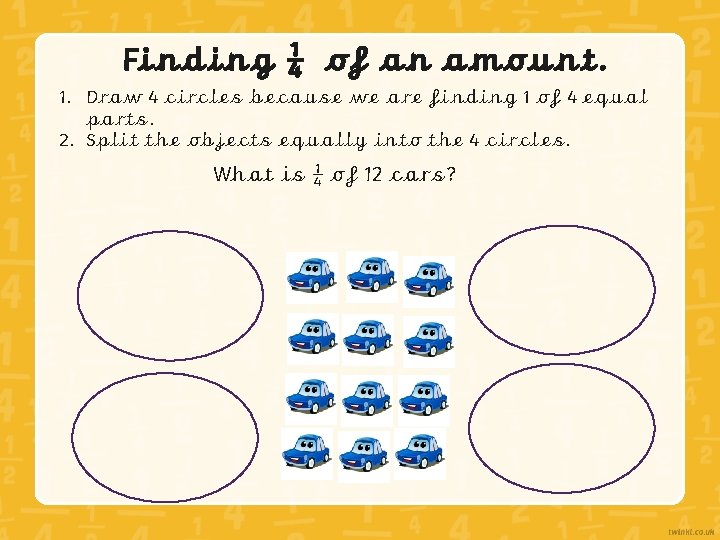 Finding ¼ of an amount. 1. Draw 4 circles because we are finding 1