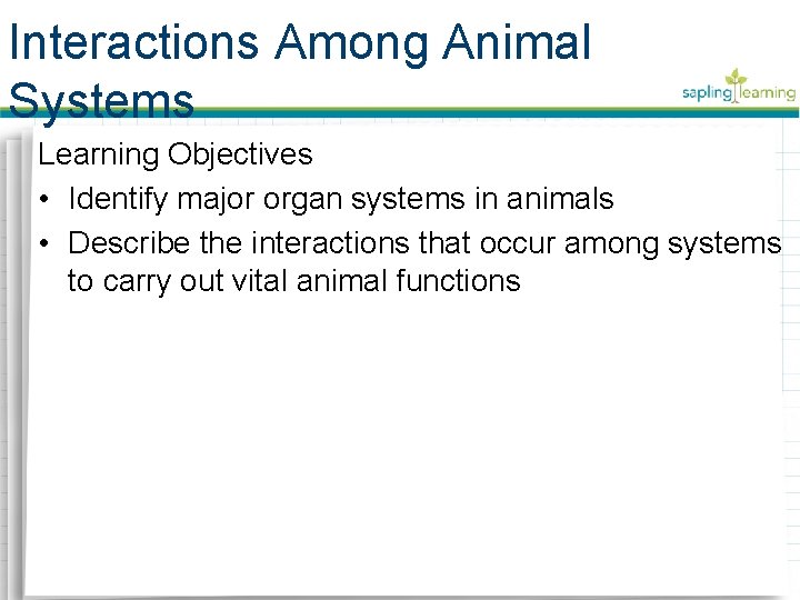 Interactions Among Animal Systems Learning Objectives • Identify major organ systems in animals •