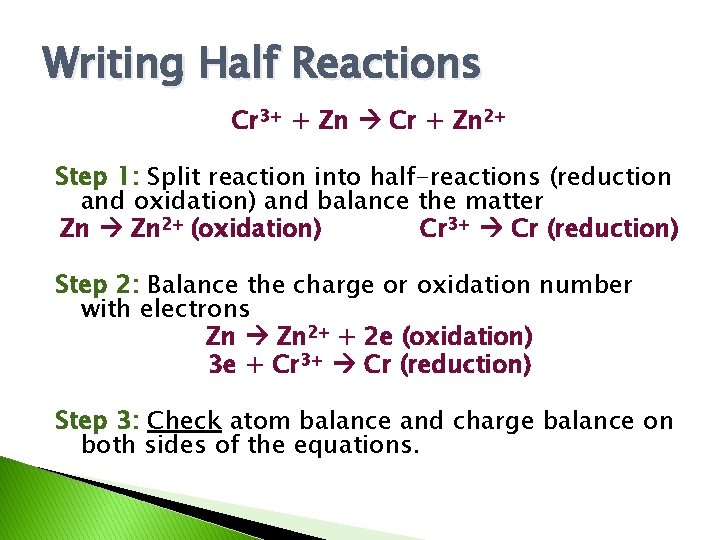 Writing Half Reactions Cr 3+ + Zn Cr + Zn 2+ Step 1: Split