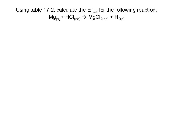 Using table 17. 2, calculate the E°cell for the following reaction: Mg(s) + HCl(aq)