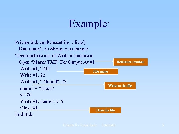 Example: Private Sub cmd. Create. File_Click() Dim name 1 As String, x as Integer