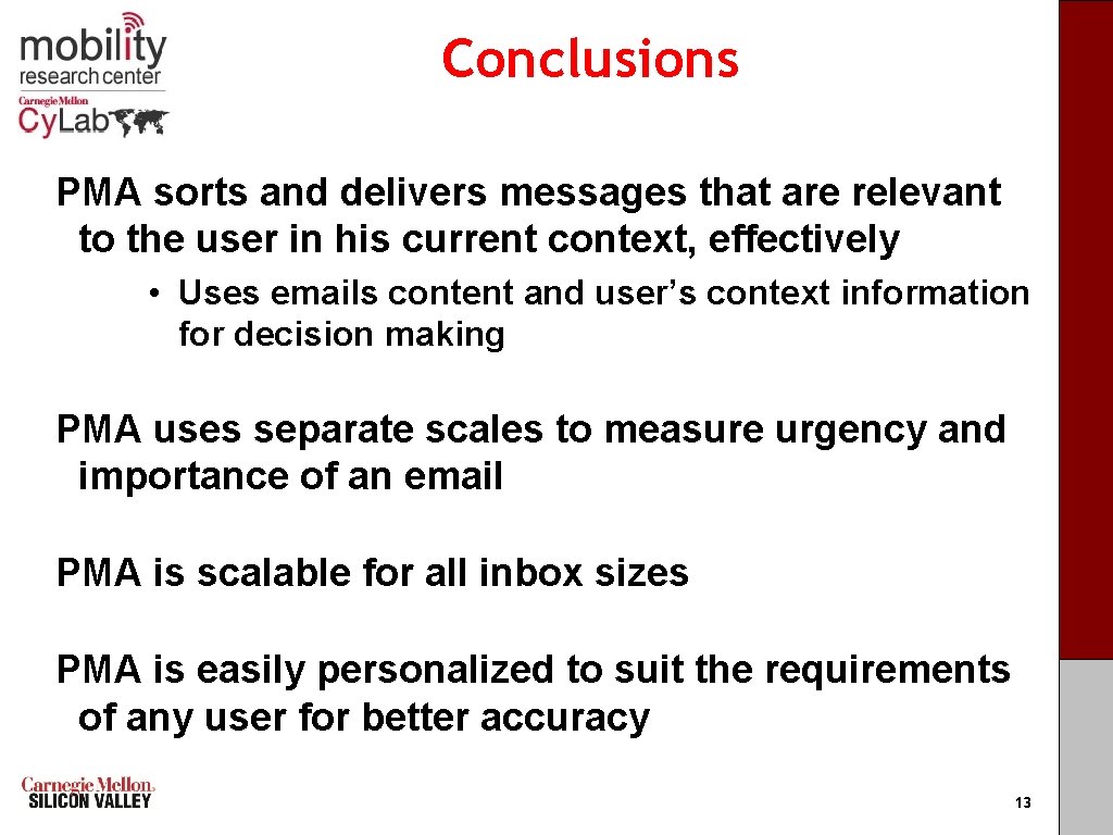 Conclusions PMA sorts and delivers messages that are relevant to the user in his