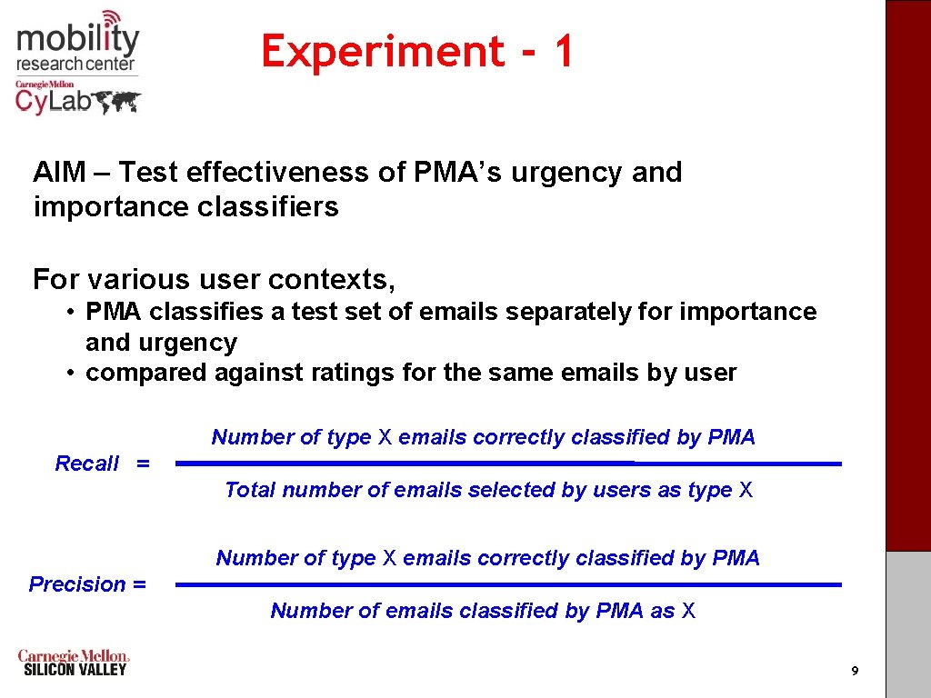 Experiment - 1 AIM – Test effectiveness of PMA’s urgency and importance classifiers For