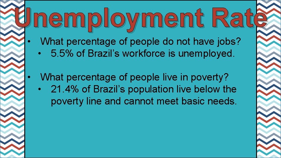 Unemployment Rate • What percentage of people do not have jobs? • 5. 5%