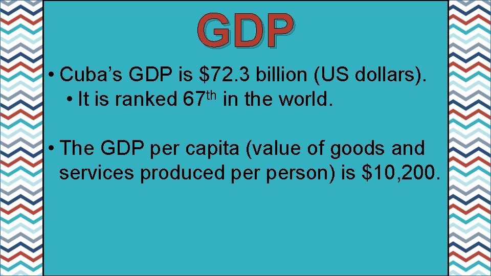 GDP • Cuba’s GDP is $72. 3 billion (US dollars). • It is ranked